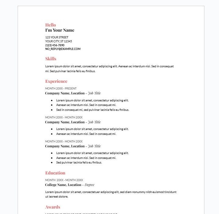 Coral resume template.