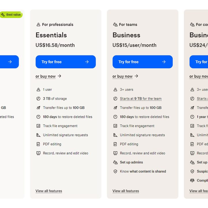 Dropbox pricing plans.