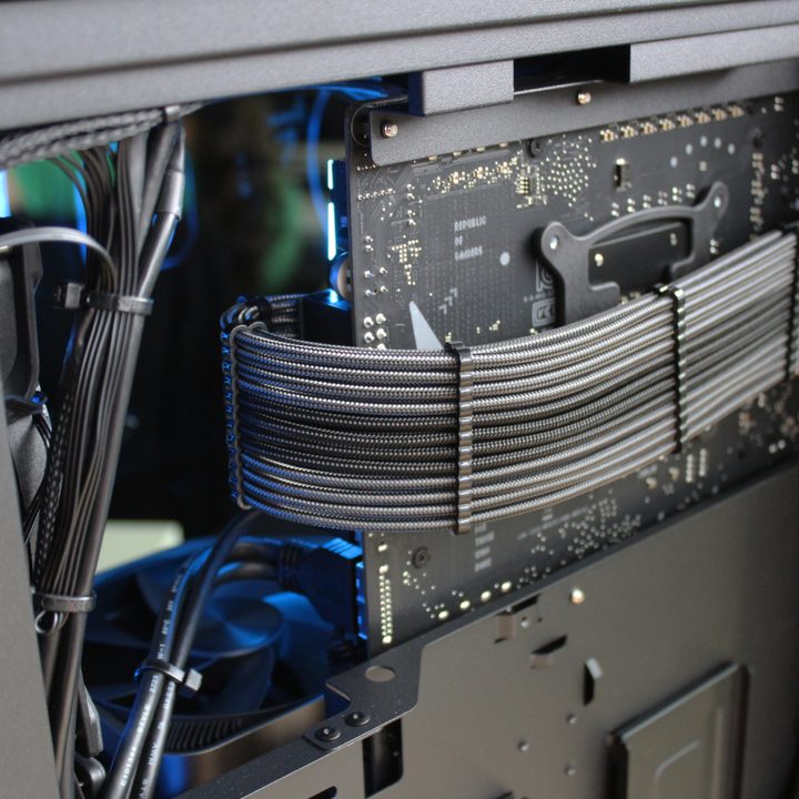 Cables tied around the back of the motherboard in the Falcon NW Talon.