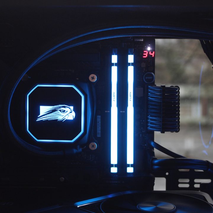 The internals of the Falcon Northwest Talon, showing the CPU cooler, RAM, and motherboard.
