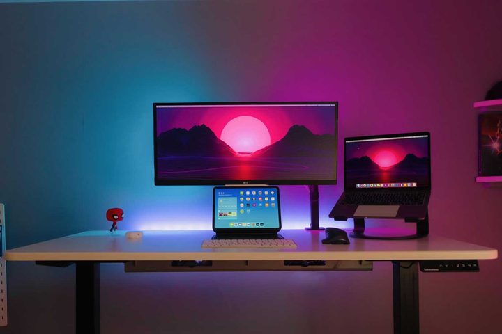 PC-free desk with two laptops.