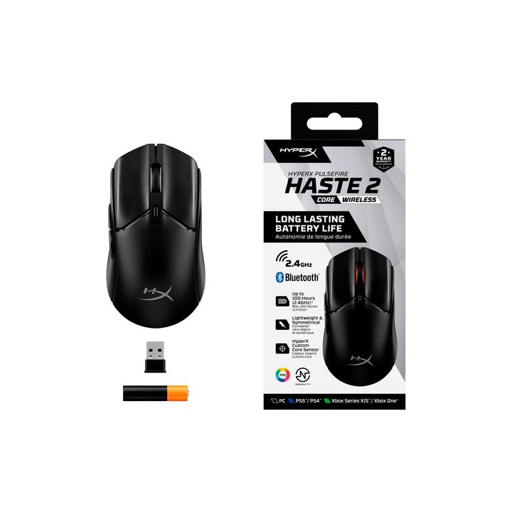 The HyperX Pulsefire Haste 2 Core wireless gaming mouse with box and bundled accessories.