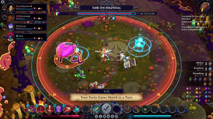 A crew of fighters battles a boss in Inkbound.