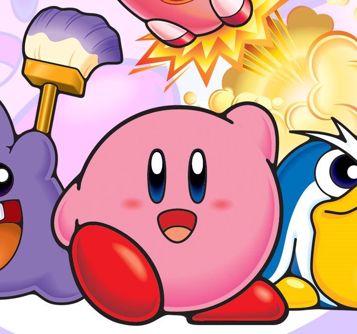 Kirby and his friends pose in Kirby and the Amazing Mirror art.