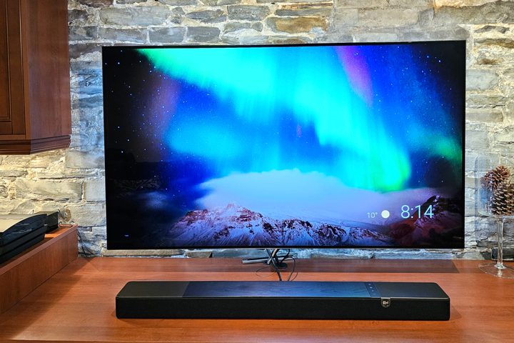 Klipsch Flexus Core 200 in front of 65-inch TV.