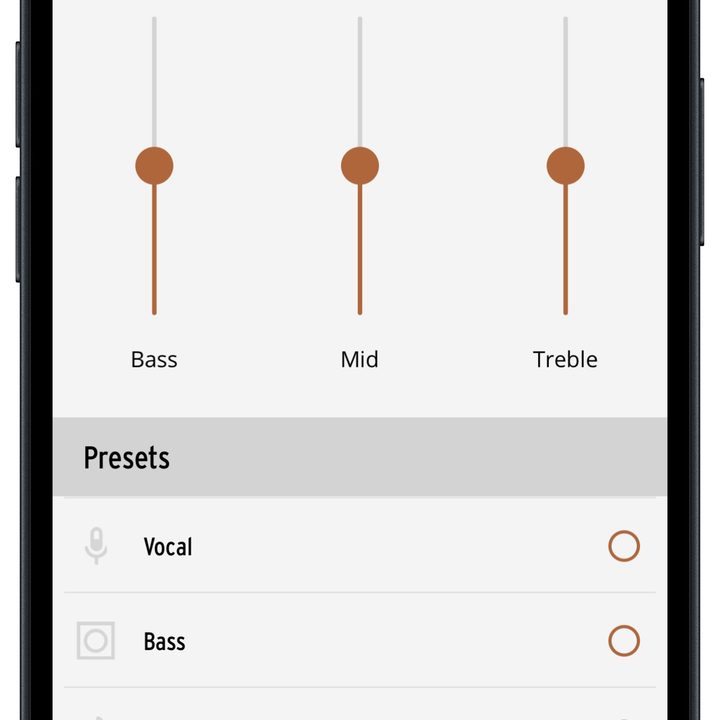 Klipsch Connect Plus app for iOS: EQ presets and sliders.