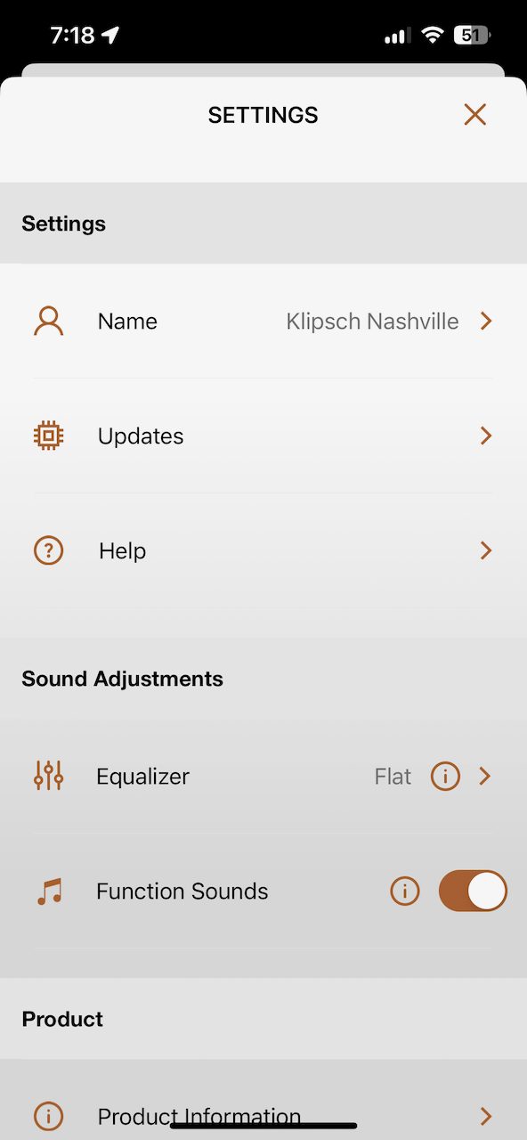 The Klipsch Connect App menu screen.