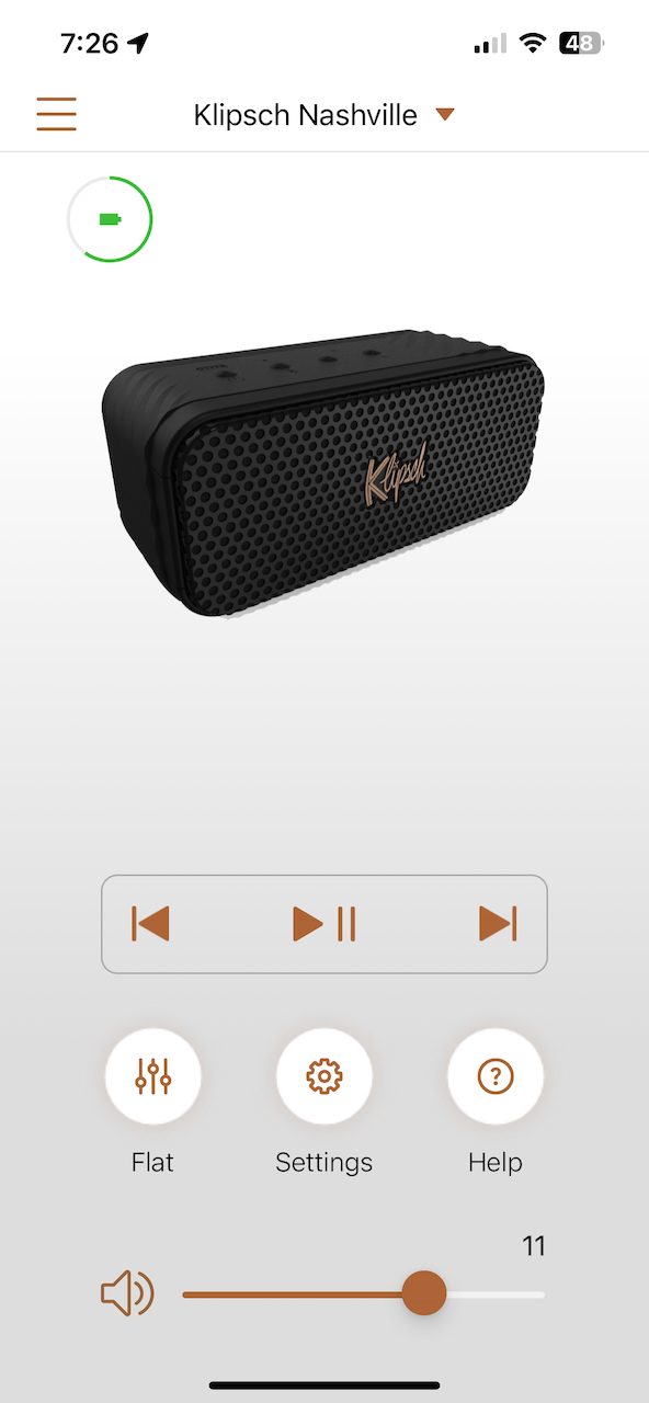 The Klipsch Connect App playback options.