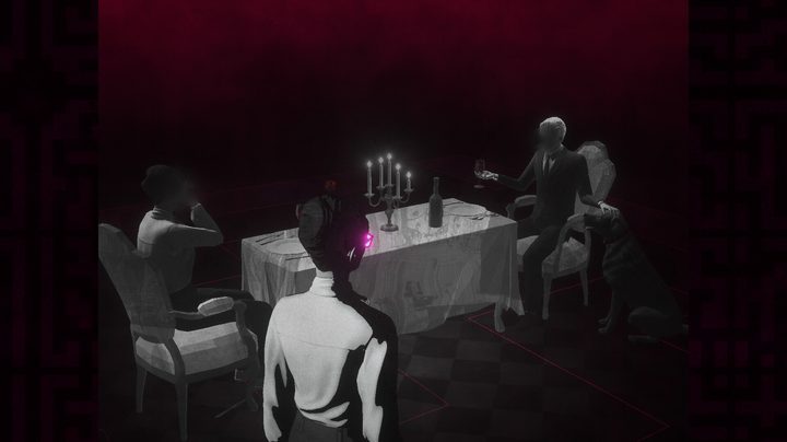A character looks at a dinner table in Lorelei and the Laser Eyes.
