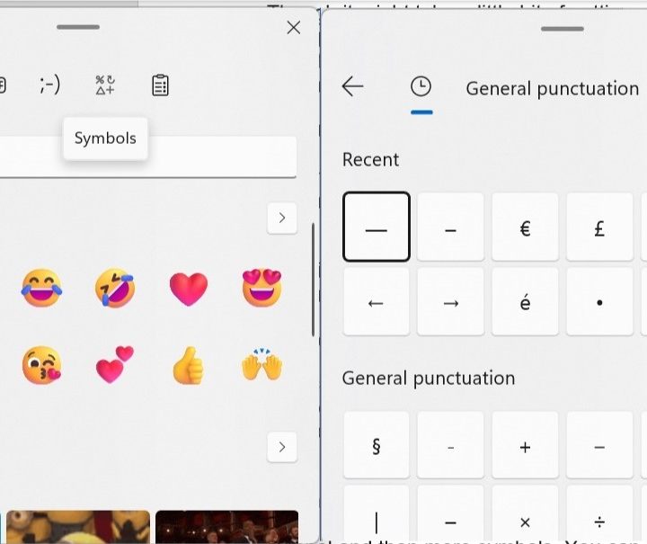 Em dash in the emoji settings in Windows 11.