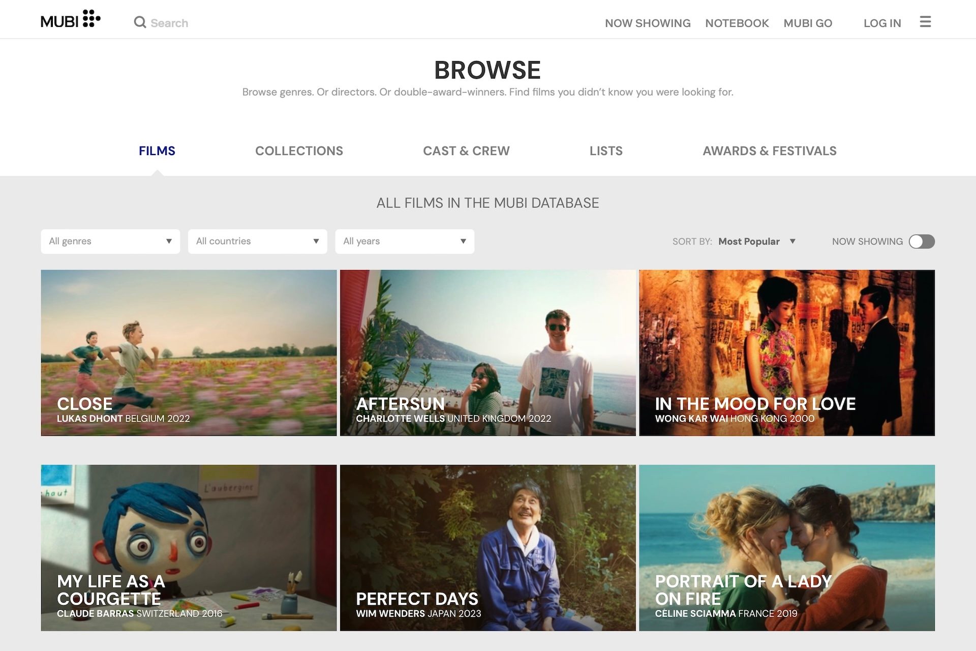 The Browse page on the Mubi website.