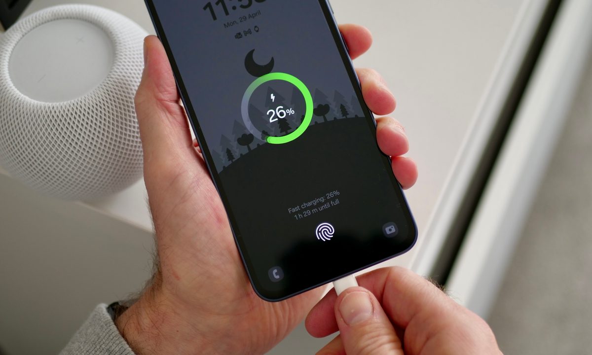 Putting the Samsung Galaxy A35 on charge.