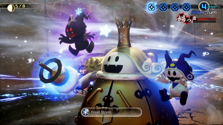 Jack Frost pulls off an ice attack in Shin Megami Tensei V: Vengeance.