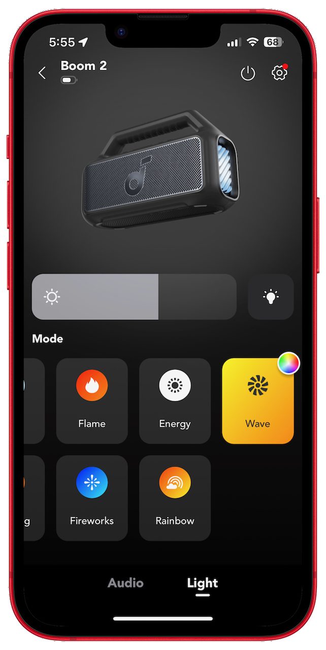 The Soundcore app's Light controls for the Boom 2.