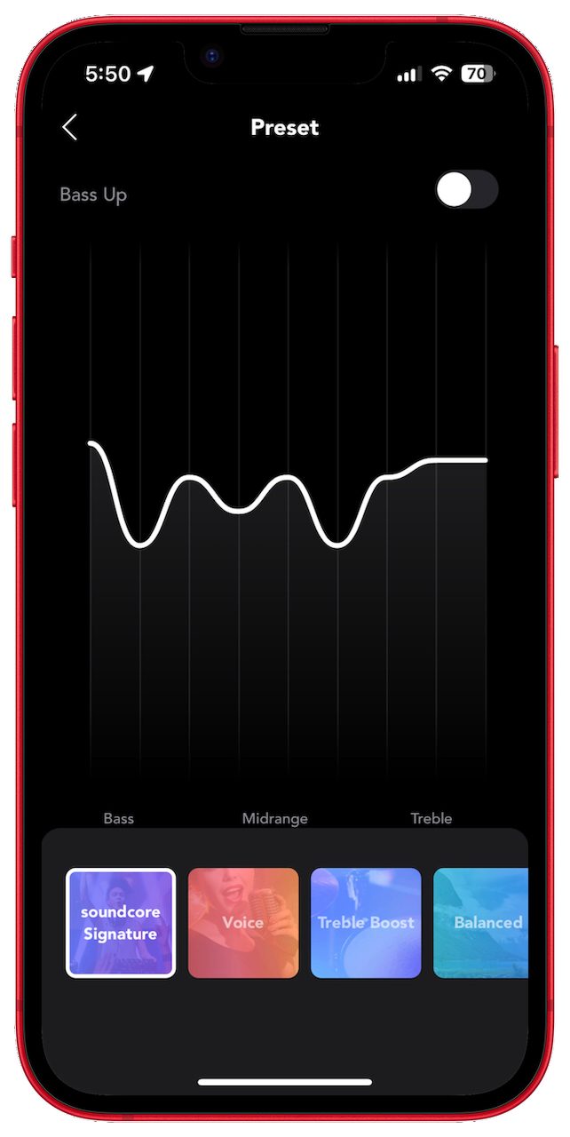 The Soundcore app's EQ presets.
