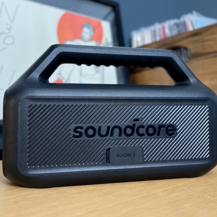 The back panel of the Soundcore Boom 2 Bluetooth speaker.