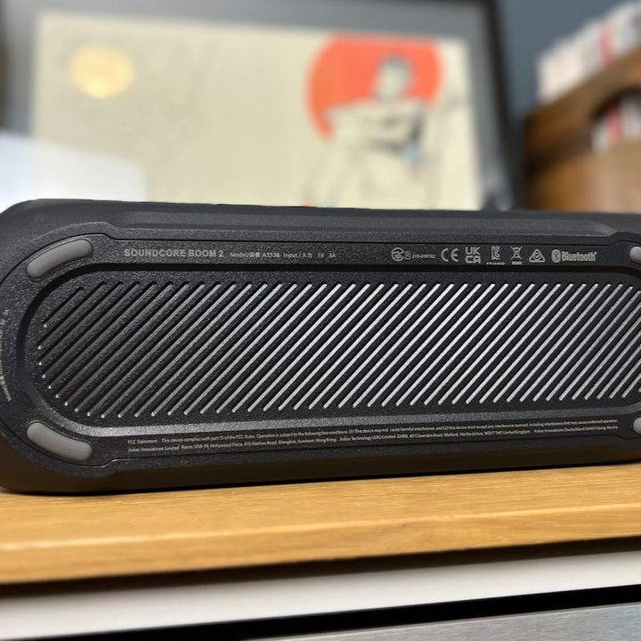 The bottom of the Soundcore Boom 2 Bluetooth speaker.