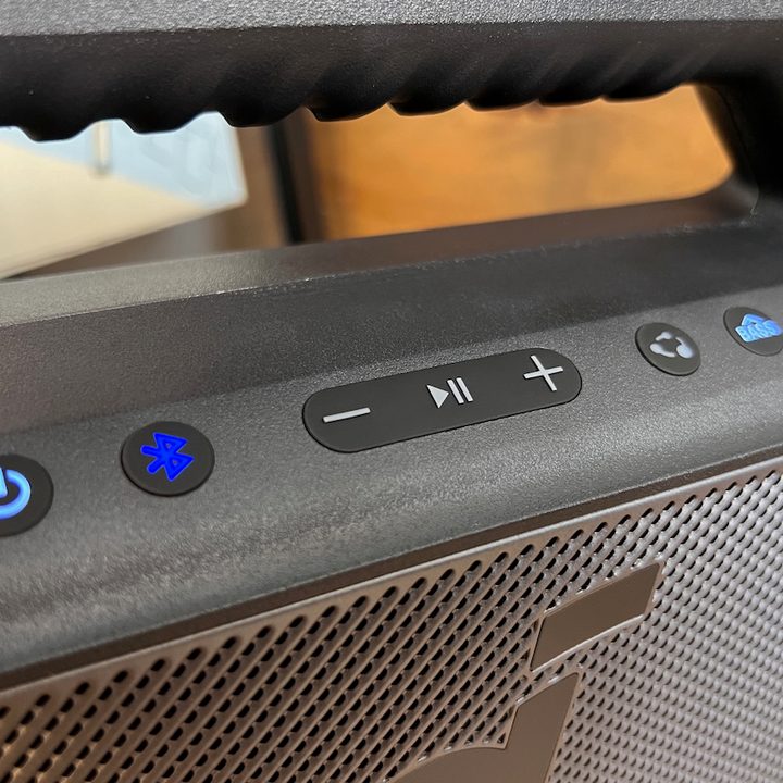 The buttons on top of the Soundcore Boom 2 Bluetooth speaker.