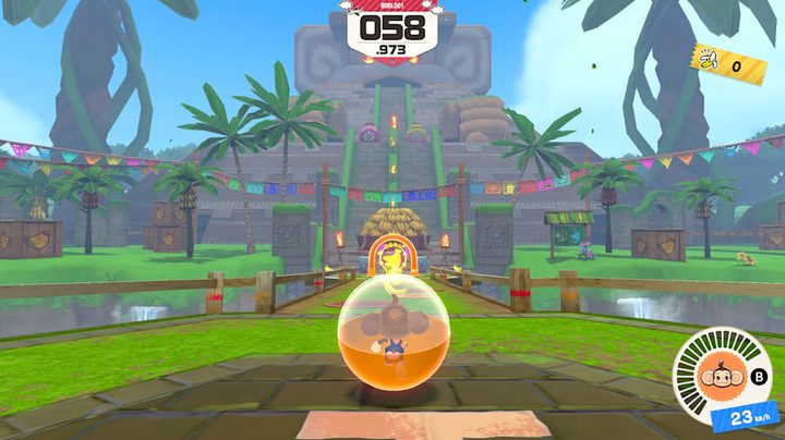 A monkey rolls through a level in Super Monkey Ball: Banana Rumble.