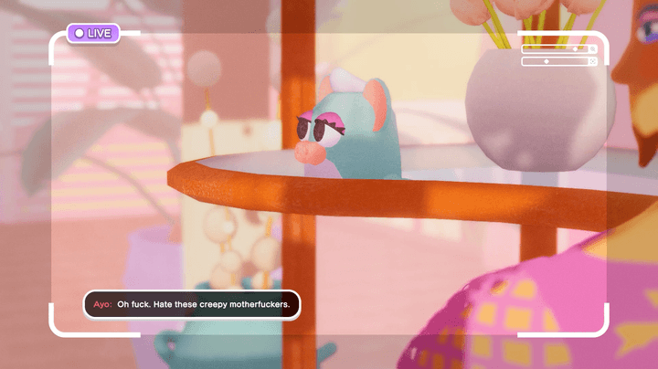 A Furby-like toy sits on a table in The Crush House.