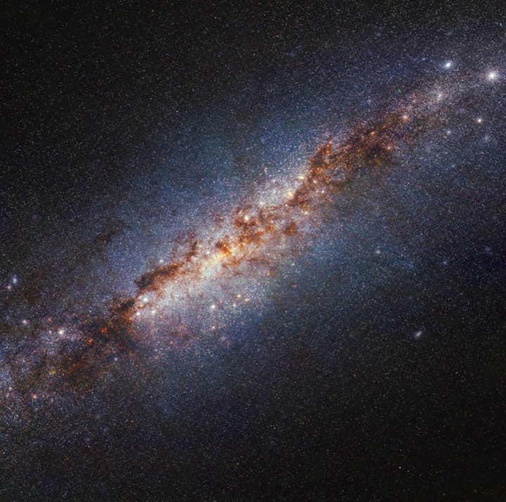A team of astronomers used the NASA/ESA/CSA James Webb Space Telescope to survey the starburst galaxy Messier 82 (M82), which is located 12 million light-years away in the constellation Ursa Major. M82 hosts a frenzy of star formation, sprouting new stars 10 times faster than the Milky Way galaxy. Webb’s infrared capabilities enabled scientists to peer through curtains of dust and gas that have historically obscured the star formation process.This image from Webb’s NIRCam (Near-Infrared Camera) instrument shows the centre of M82 with an unprecedented level of detail. With Webb’s resolution, astronomers can distinguish small, bright compact sources that are either individual stars or star clusters. Obtaining an accurate count of the stars and clusters that compose M82’s centre can help astronomers understand the different phases of star formation and the timelines for each stage.