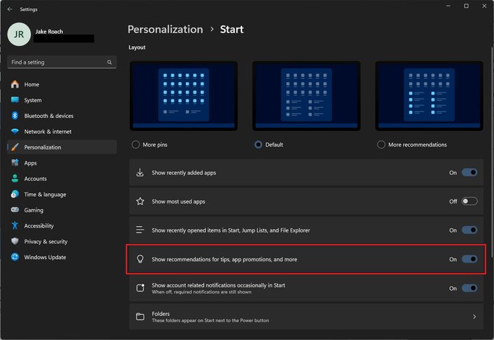 Option to disable ads within the Windows 11 Start menu.