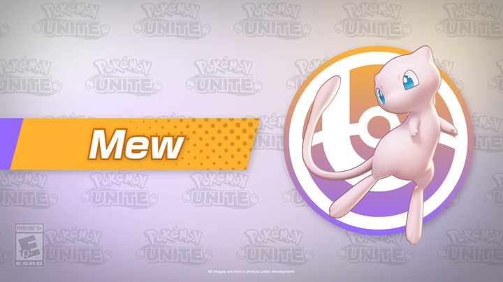 Mew flying by a logo for Pokemon Unite.