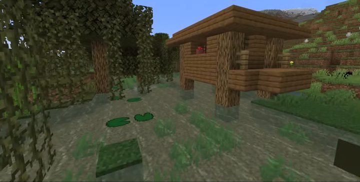 A witch hut in a jungle in Minecraft.