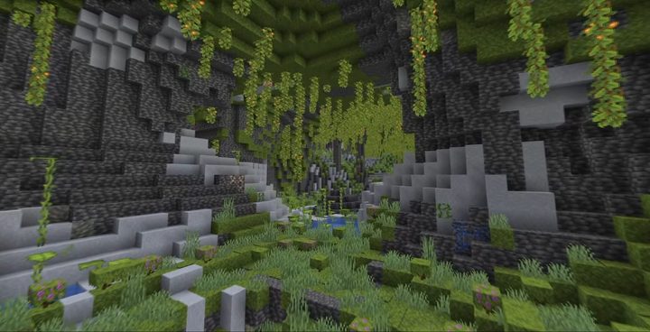 A lush cave in Minecraft.