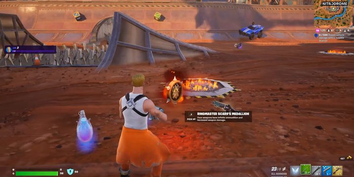 A player near a medallion in Fortnite.
