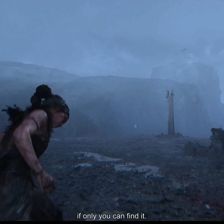 Senua approaching a lore totem in Hellblade 2.