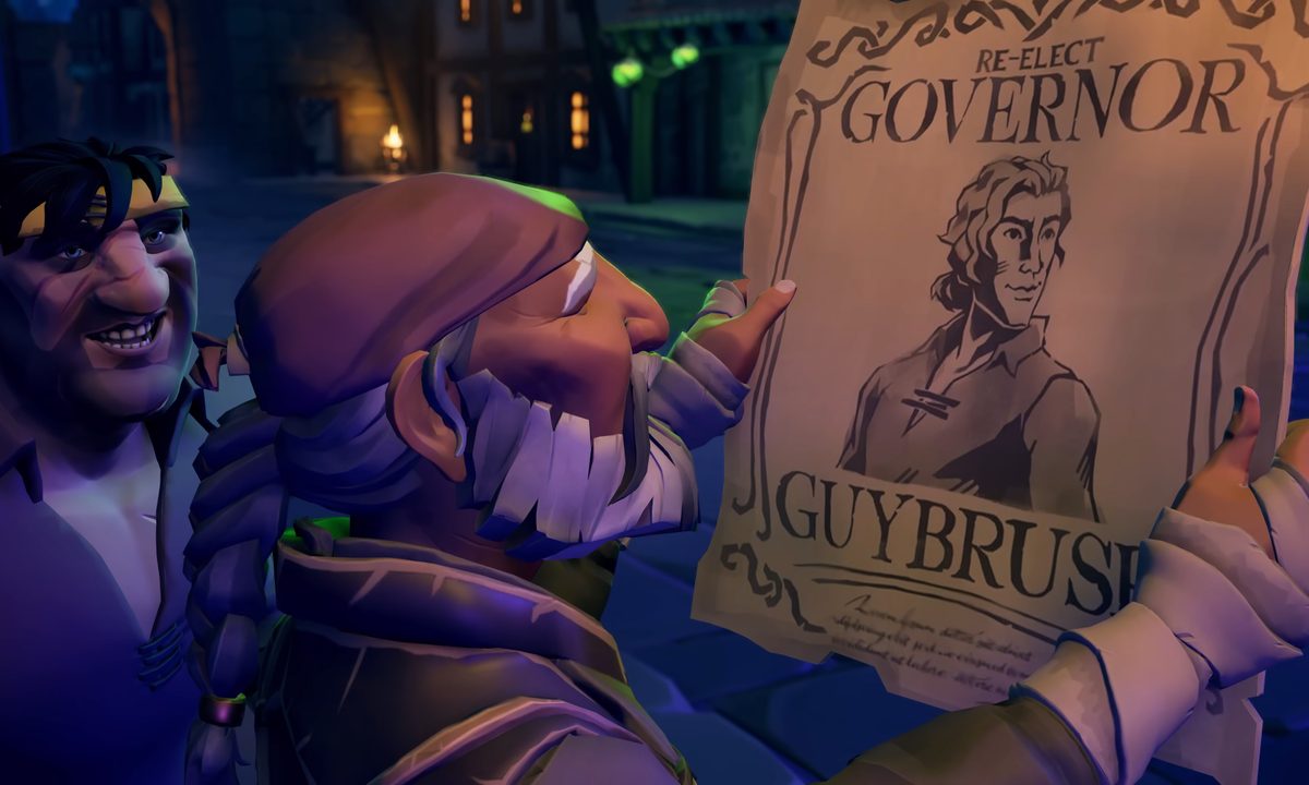 Two men look at an election poster for Guybrush in Sea of Thieves.