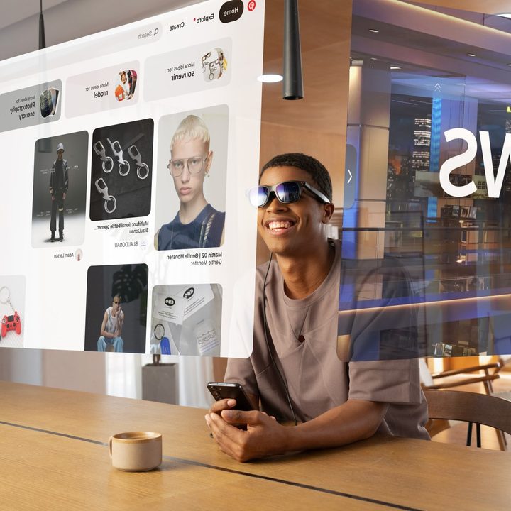 A render simulates what you see when wearing Viture One Pro smart glasses.