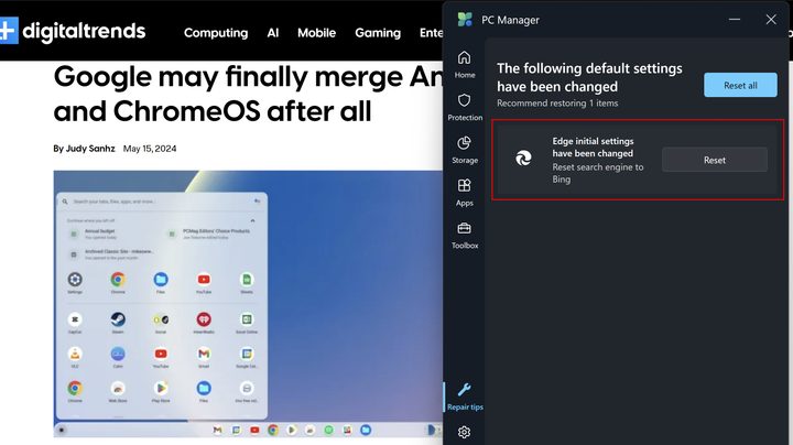PC Manager suggesting to use Bing as default search engine.
