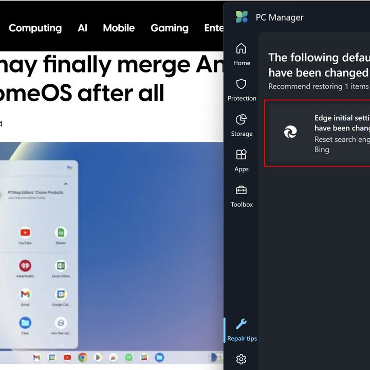 PC Manager suggesting to use Bing as default search engine.