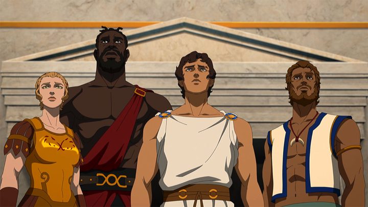 Heron and his allies standing proudly and looking ahead in Blood of Zeus.