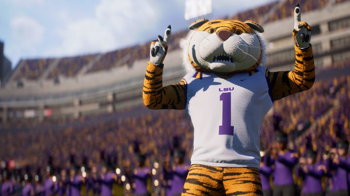 A tiger mascot on the field in front of a marching band in College Football 25