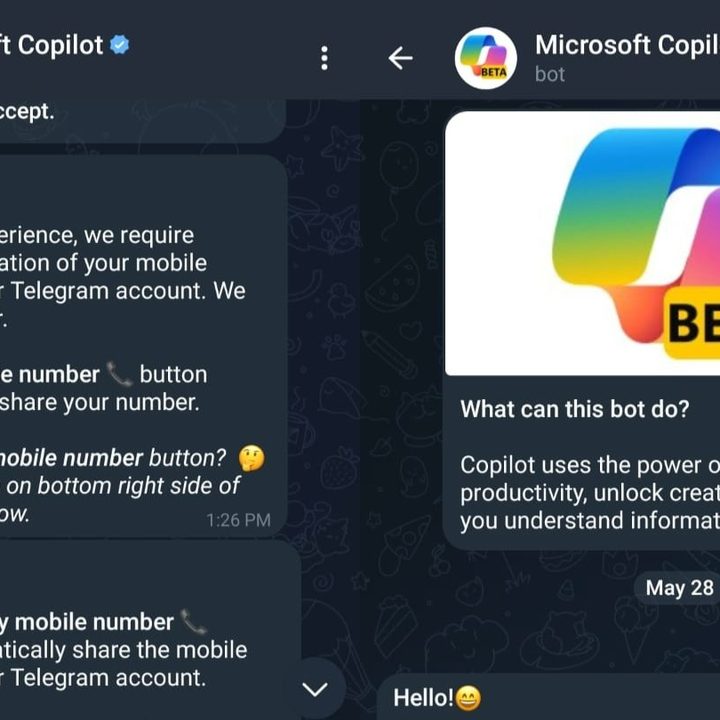 Copilot bot asking for phone number verification in Telegram.