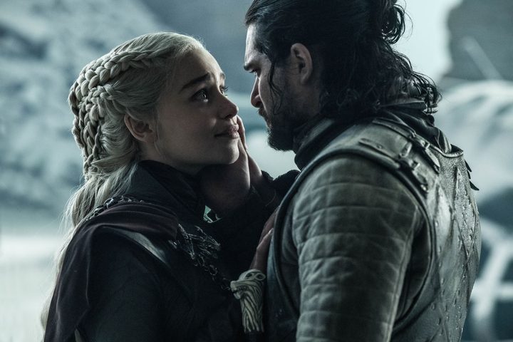 Daenerys Targaryen looks at Jon Snow in the Game of Thrones finale.