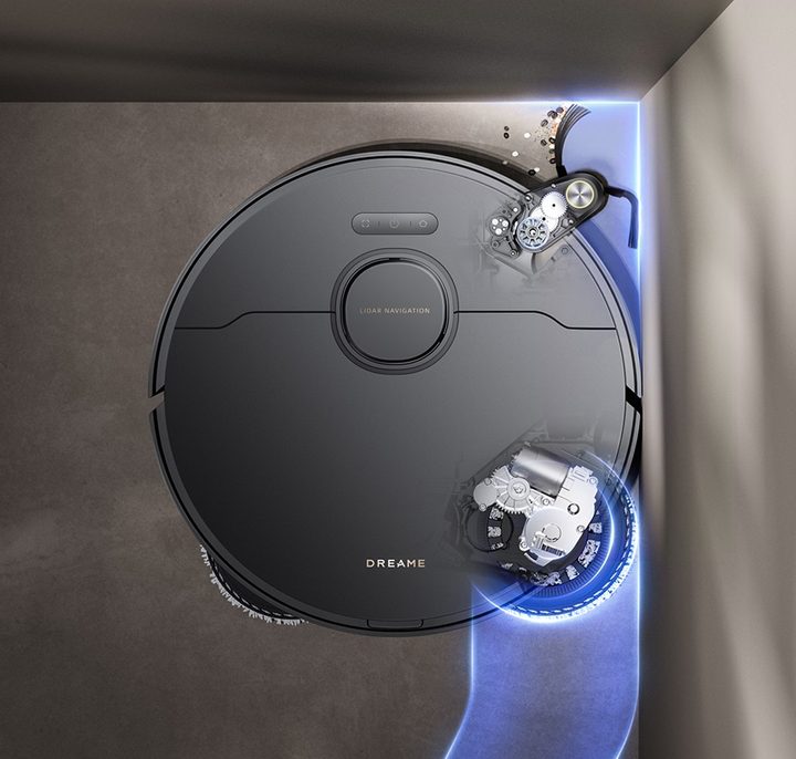 The Dreame X40 Ultra swinging its mop and side brush outward.