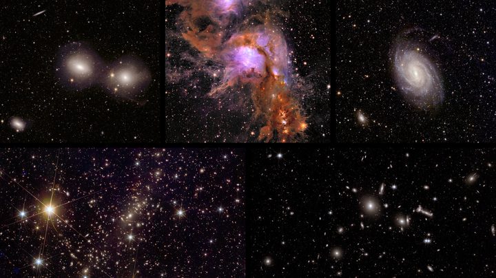 Today, ESA’s Euclid space mission releases five unprecedented new views of the Universe, each revealing amazing new science. The never-before-seen images prove Euclid’s ability to unravel the secrets of the cosmos, enabling scientists to hunt for rogue planets, use lensed galaxies to study mysterious matter, and explore the evolution of the Universe. The five targets shown here are (clockwise from top left) the Dorado Group, Messier 78, NGC 6744, Abell 2764, and Abell 2390.