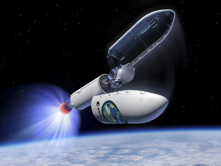 Artist's view of EarthCARE on board a Falcon 9 launch vehicle. Equipped with four instruments, the Earth Cloud Aerosol and Radiation Explorer (EarthCARE) satellite mission has been designed to make a range of different measurements that together will shed new light on the role that clouds and aerosols play in regulating Earth&rsquo;s climate. 