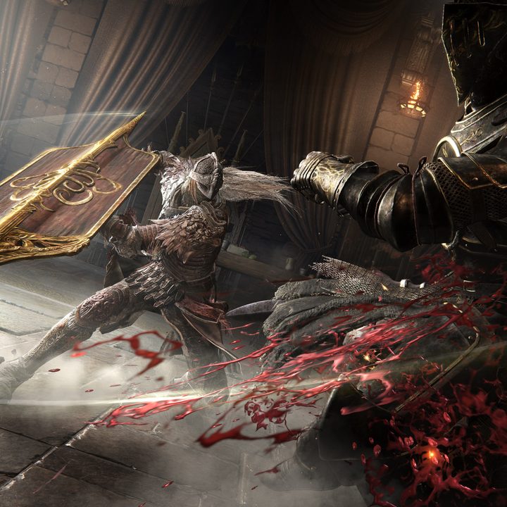 A knight slashing another soldier.