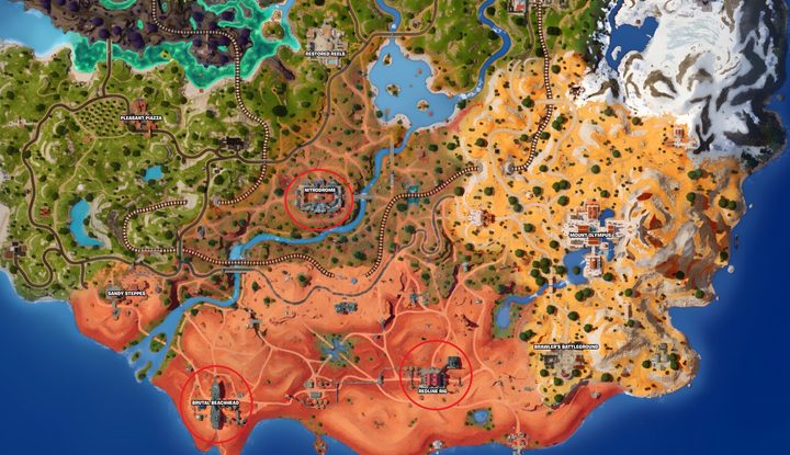 A map of the boss locations in Fortnite.