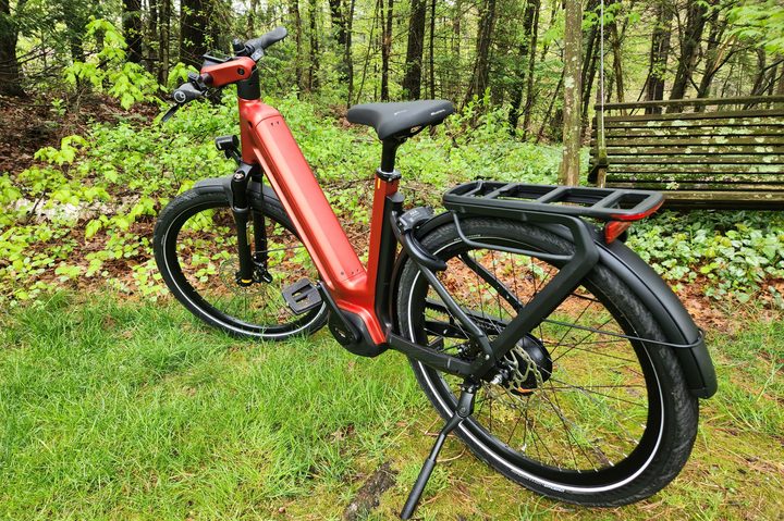 Gazelle Eclipse e-bike left rear three-quarter view parked on grass with trees and an old swing in the background.