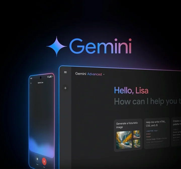 Google's Gemini logo with the AI running on a smartphone and a PC.
