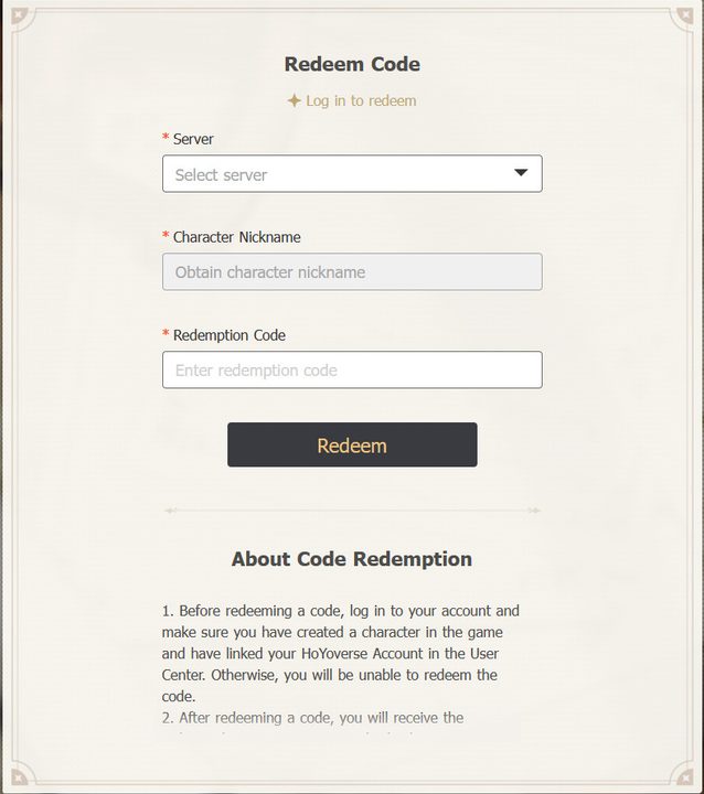 The code redemption screen in Genshin Impact.