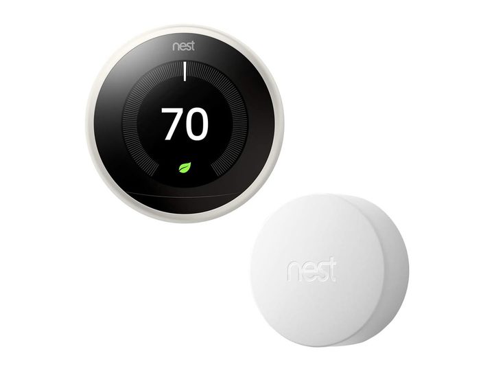 The Google Nest Learning Thermostat plus Nest Temperature Sensor against a white background.