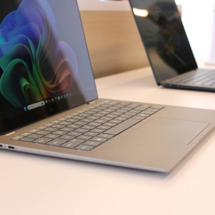 The HP OmniBook X 14 on a white table.
