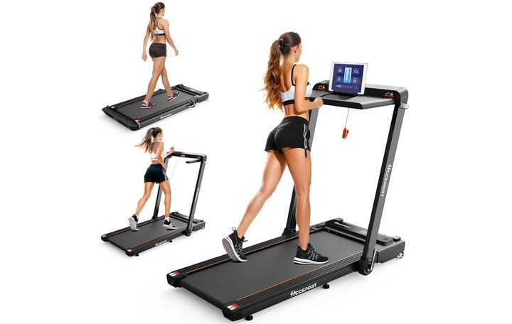 Hccsport 3 in 1 Under Desk Treadmill being used in three different ways